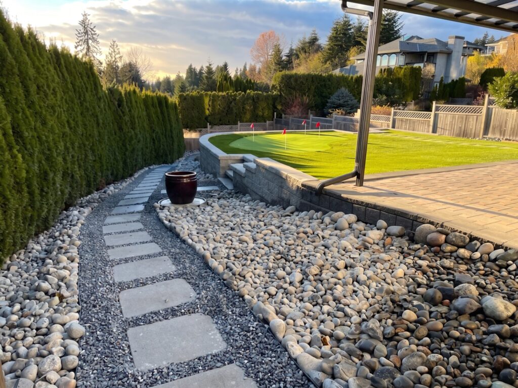 A hardscaped backyard featuring a curved stepping stone path, river rock beds, a tall cedar hedge, and a tiered artificial putting green.