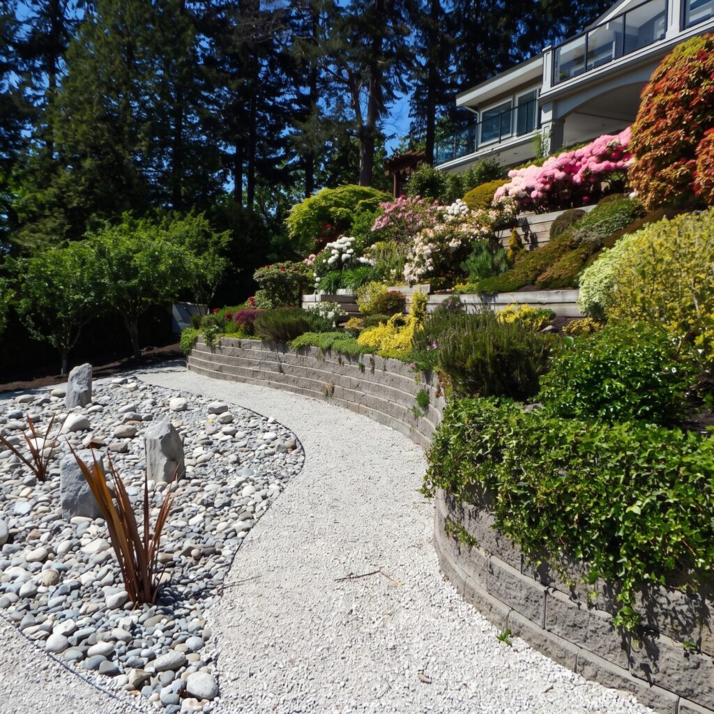 Terraced backyard hardscaping with block retaining walls, a curved gravel pathway, and a dry river rock bed below blooming rhododendrons.